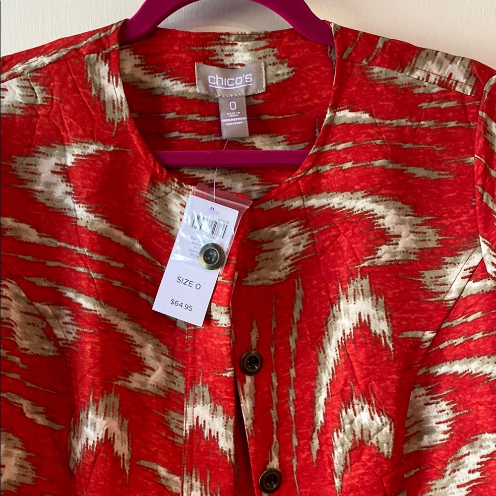 Chico's Red and White Feather Print Blazer - Picture 2 of 7